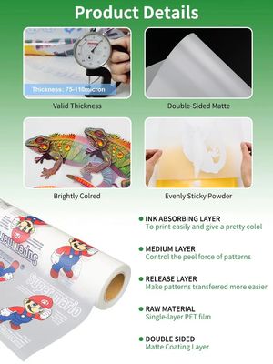 Indumenti DTF PET Film di trasferimento 75mic Double Sided Matte Direct To Film On Textile
